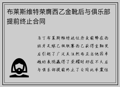 布莱斯维特荣膺西乙金靴后与俱乐部提前终止合同